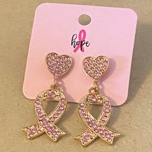 Pink Ribbon Heart Rhinestone Earrings